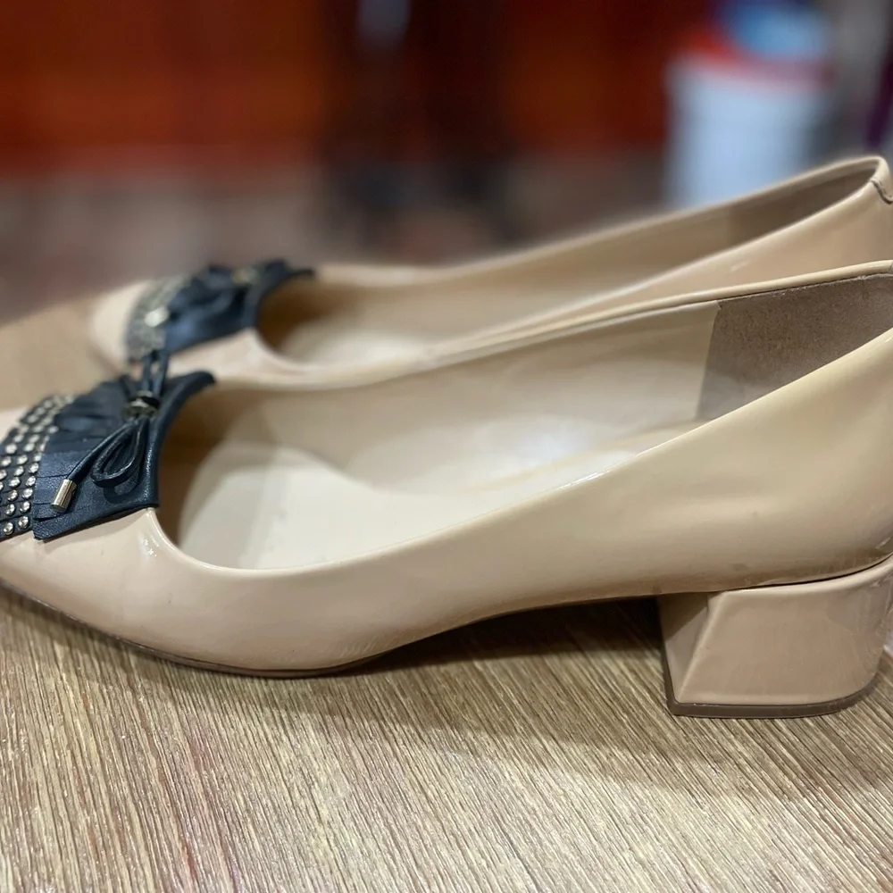 Karl Lagerfeld Nude Beige Block Heel Pumps with Black Fringe Accent